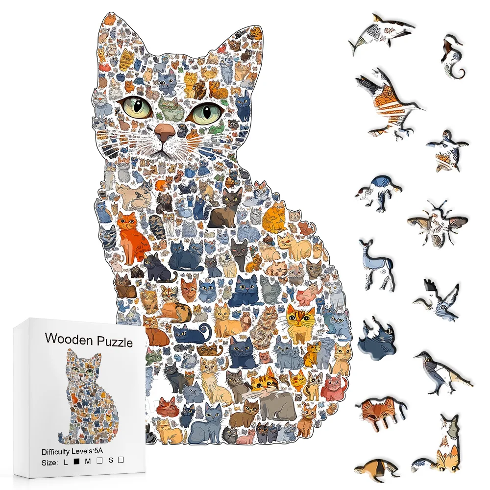 Colorful Mini Cats Inside Big Cat Wooden Jigsaw Puzzle, Unique Irregular Animal Shaped Pieces Gift For Adults.