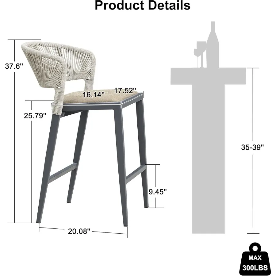 Barkruk op tegenhoogte, set van 2 buitenbarkrukken, moderne barkrukken, rieten barkrukken voor keuken, donkergrijs eilandcha