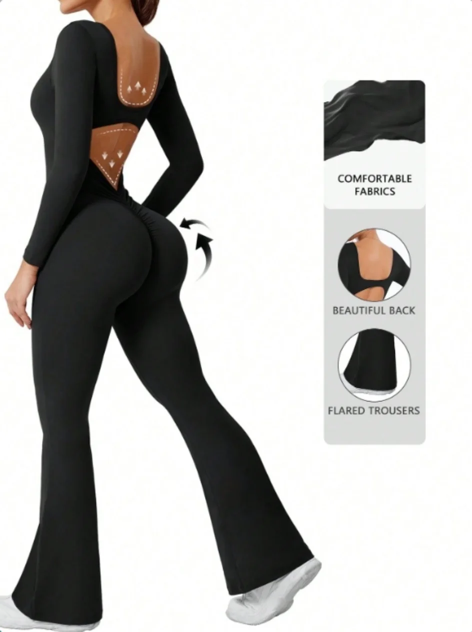 

High quality solid color long sleeved compression exercise jumpsuit women's sportswear bell bottom pants sexy push up yoga set