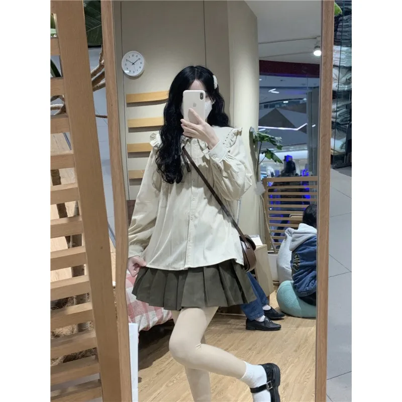 QWEEK Kawaii Vintage Preppy Shirt Japanese Style Sweet Peter Pan Collar Long Sleeve Blouse Youthful Cute Women's Clothes Autumn