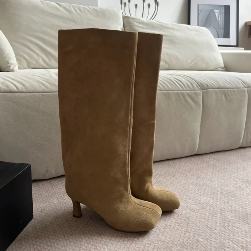 

Non-Knee-High Straight Boots Square Head Boots High-Heeled Women's Long Boots 2025 Winter Retro Western Cowhide Boots