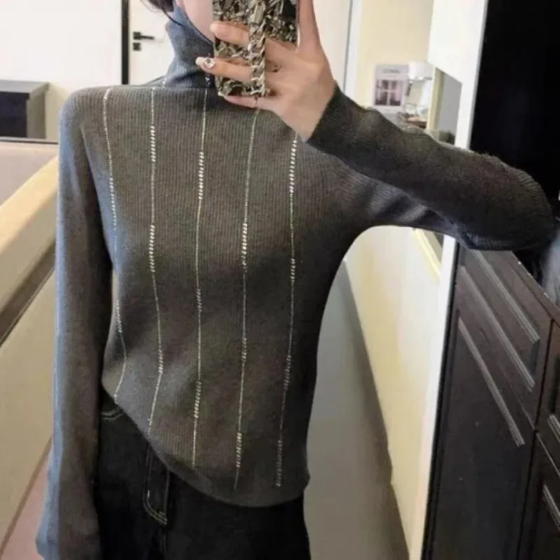 

Turtleneck Woman Sweaters Diamonds Solid Autumn Winter Pullovers Korean Fashion Basics Simple Pulls Femmes