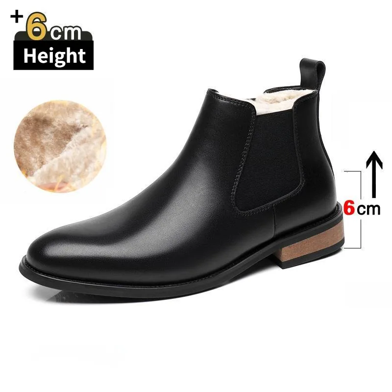 

Men's Elevator Shoes Height Increasing 6CM Chelsea Boots Men Leather Winter Plush Short Boots High Top Pointed Toe Ankle Boots