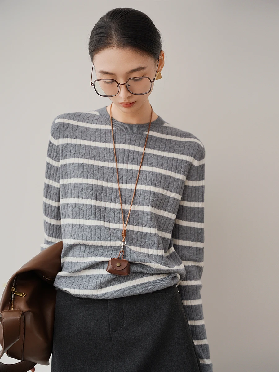 

Мягкий и уютный полосатый свитер Achu с круглым вырезом для женщин, облегающий, осенне-зимний, повседневный базовый топ