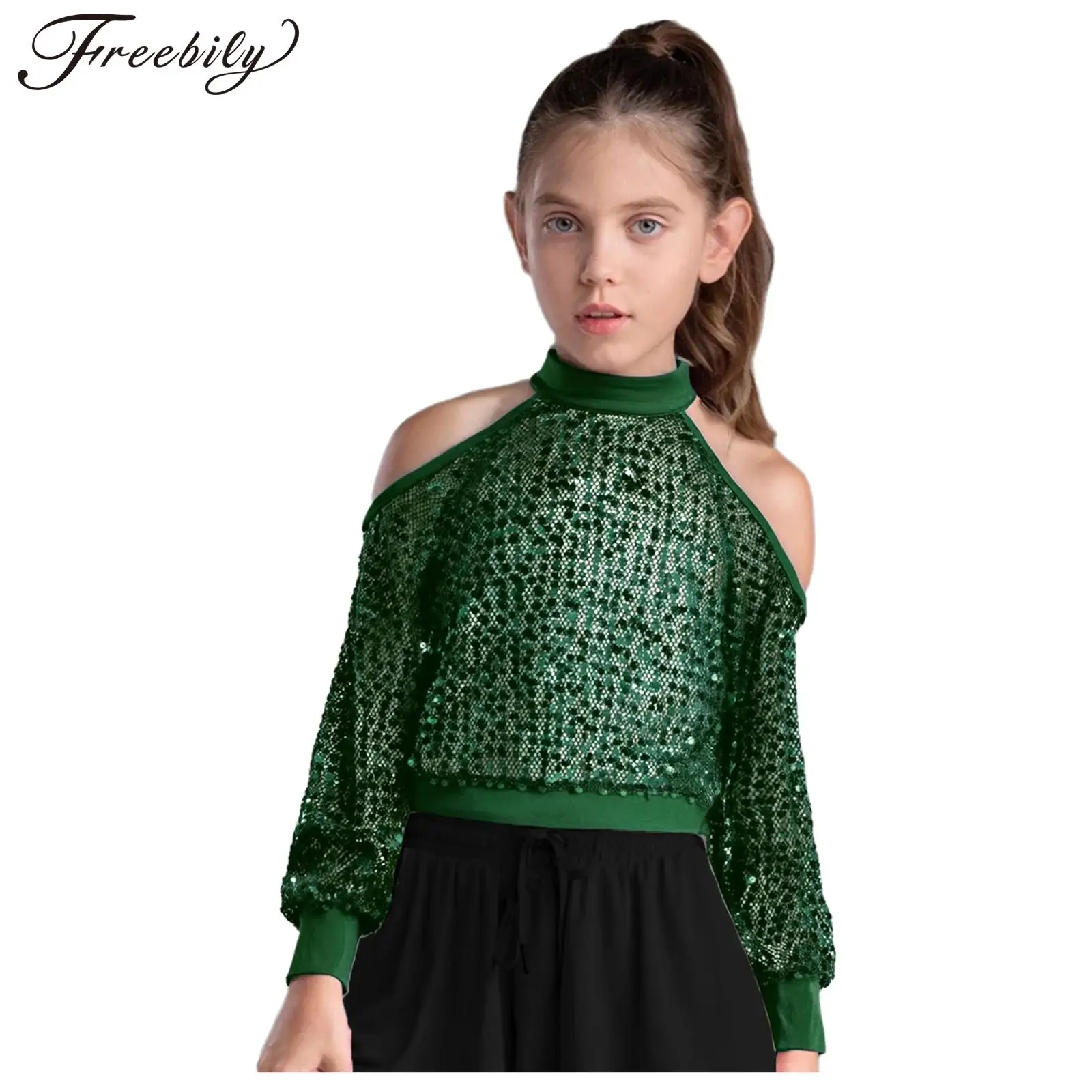 Kids Girls Shiny Sequins Top Jazz Hip Hop Dance Costume Off-shoulder Crop Top Street Dancewear Dance Stage Performance Outfit