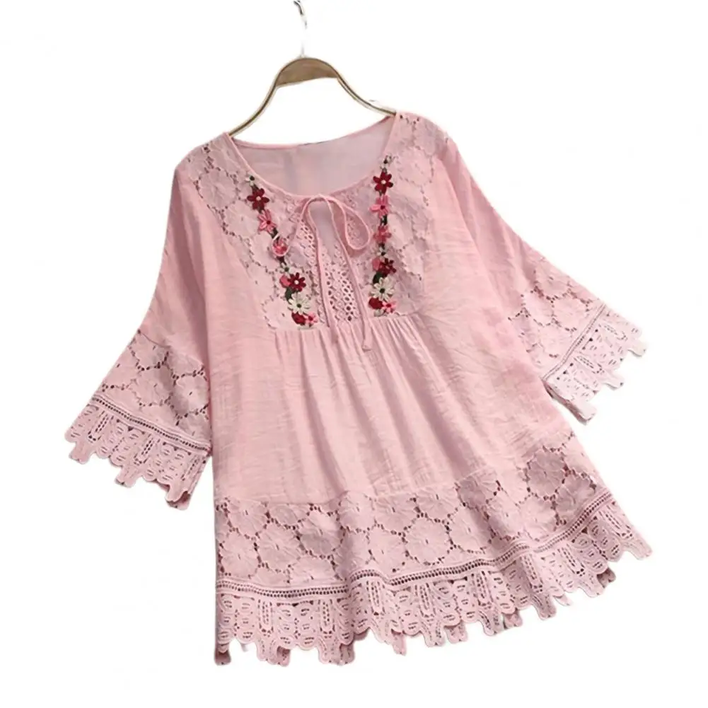 Casual Blouse Trendy Thin Casual Shirt Crochet Embroidery Lace Splicing Flower Decor Summer Shirt Female Clothing