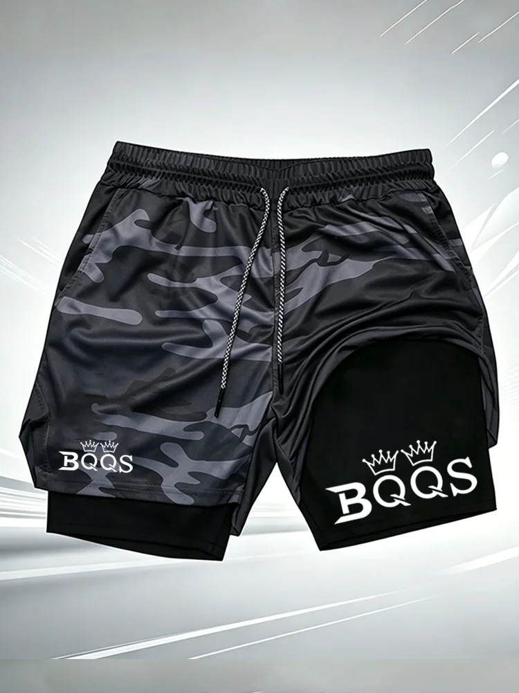 Men 2 In 1 Gym Shorts BQQS Crown Print Quick Dry Compression Liner Athletic Running Fitness Workout Sports Short Pants wx284
