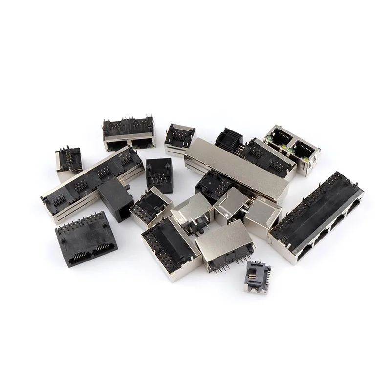 Conector RJ45 Newwork Interface, cabeça de cristal, blindagem luzes, PCB Ethernet, 90 graus, 8P8C