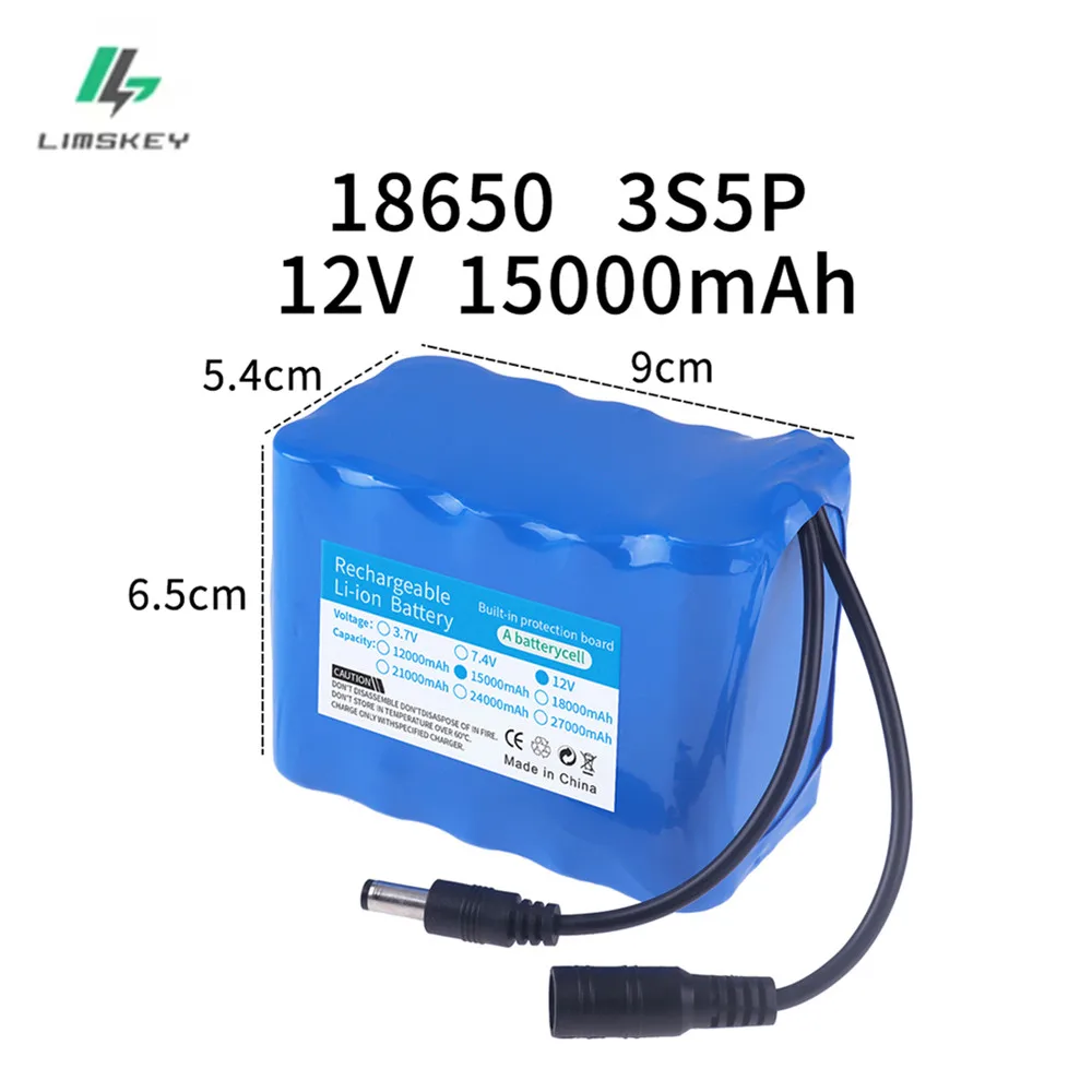 12V 15Ah 18650 Lithium Battery Pack 3S5P Rechargeable Battery with BMS 12.6v Charger for Fishing Bicycle Large Capacity Battery