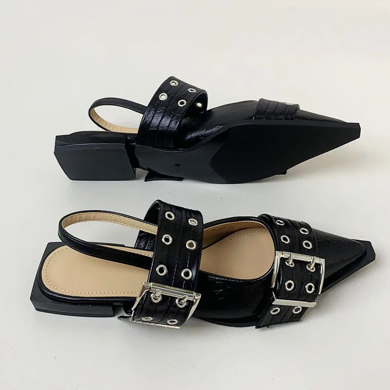 Luxury Sandals Flats Shoes For Women 2024 Summer Female Casual Sandals Shoes Buckle Strap Fashion Pointed Toe Ladies Slingback