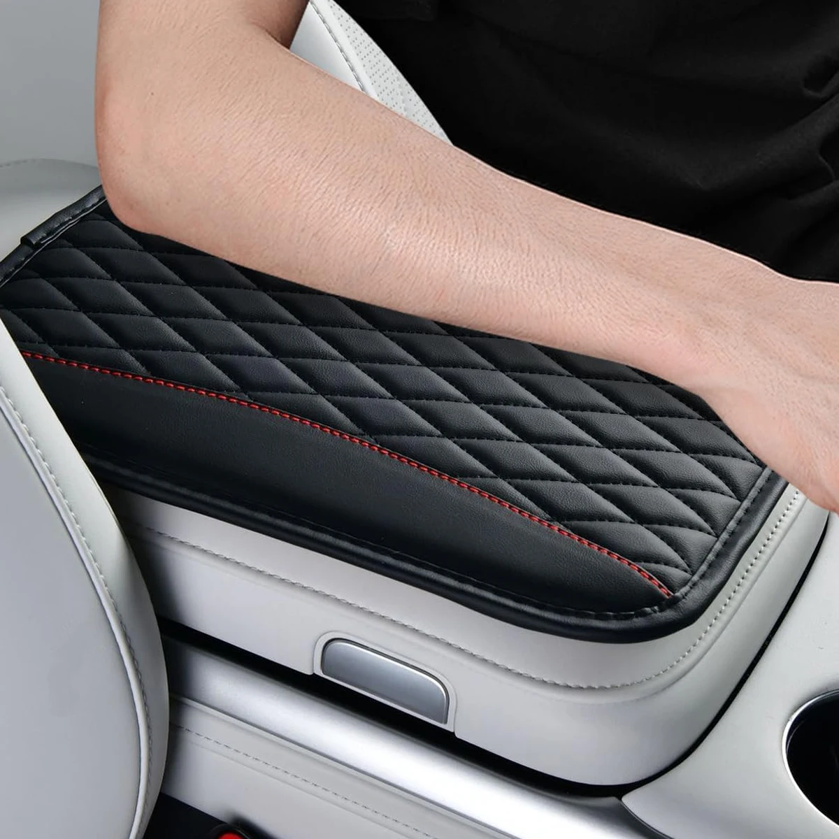 Leather Car Armrest Box Pad, Diamond Quilted Center Console Protector Cover with Comfortable Elbow Support