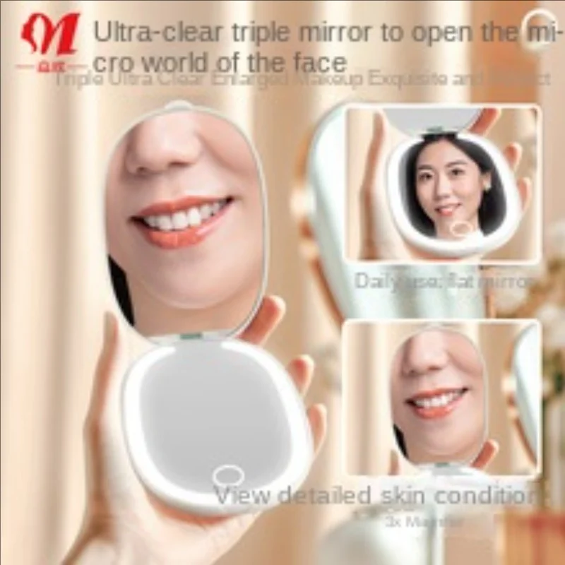 Espelho de maquiagem de bolso recarregável dupla face 3x ampliação led luz de vaidade com steplessdimming portátil dobrando espelho cosmético
