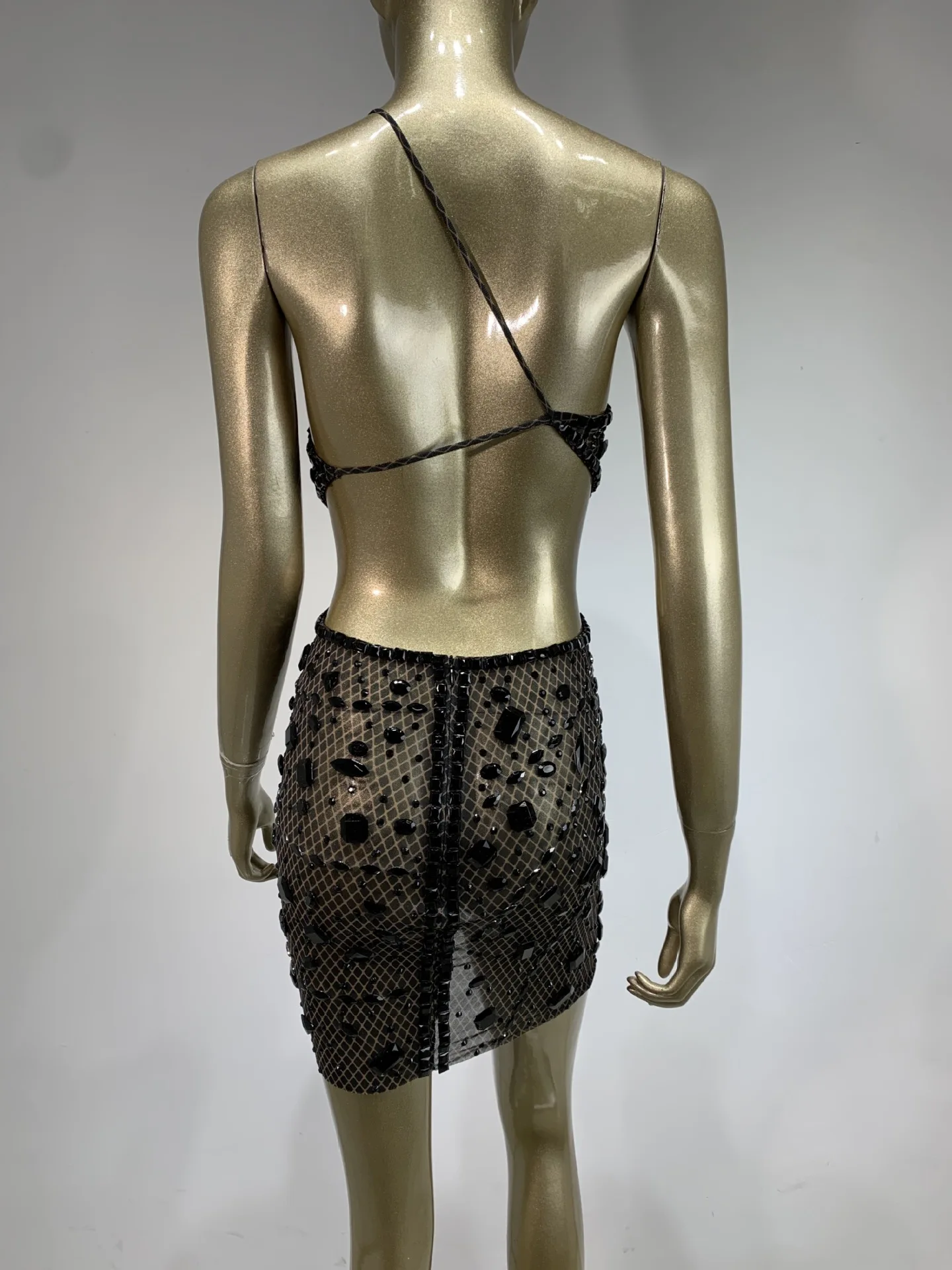 Women Sexy Short Dresses Daring One Shoulder Cut Out Backless Rhinestones Mesh Bright Bodycon Mini Dresses Evening Club Party