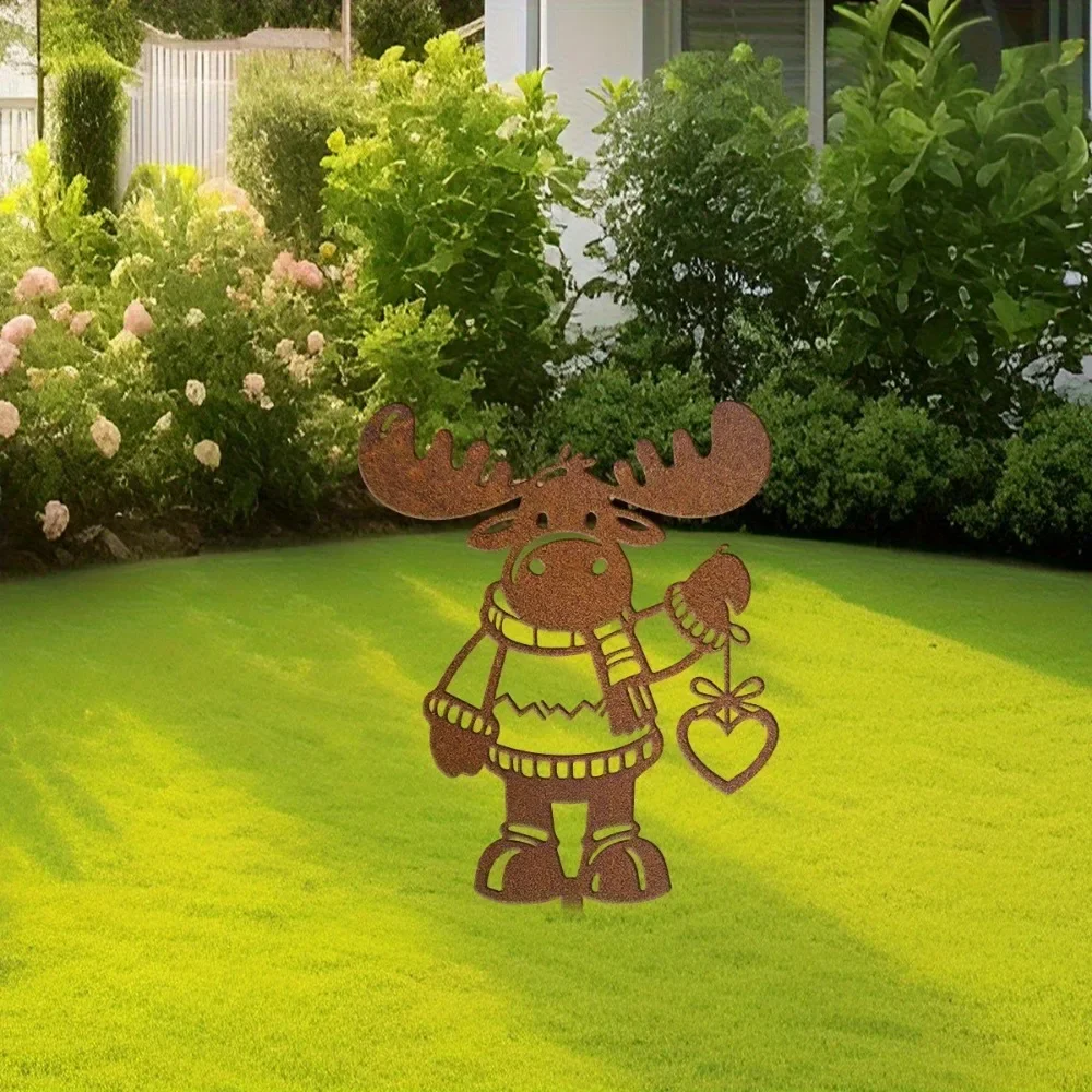CIFBUY 1pc Vintage Wrought Iron Moose Garden Stake, Reindeer Heart Iron Sculpture for Yard Lawn Patio