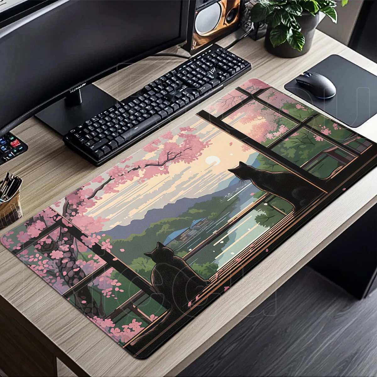 Schwarzes Katzen-Mauspad, groß, Kirschblüten-Landschaft, Schreibtischunterlage, Stichkante, Gummi, rutschfest, PC-Zubehör, Gaming-Matten, Tastaturteppich