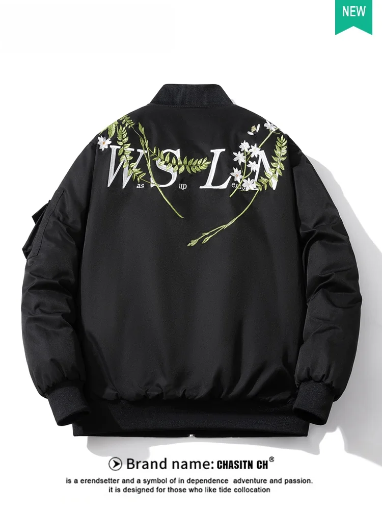 

Повседневная свободная мужская летная куртка с цветочной вышивкой, уличная одежда, осенне-зимняя верхняя одежда, ветрозащитная молния с капюшоном, боковая одежда