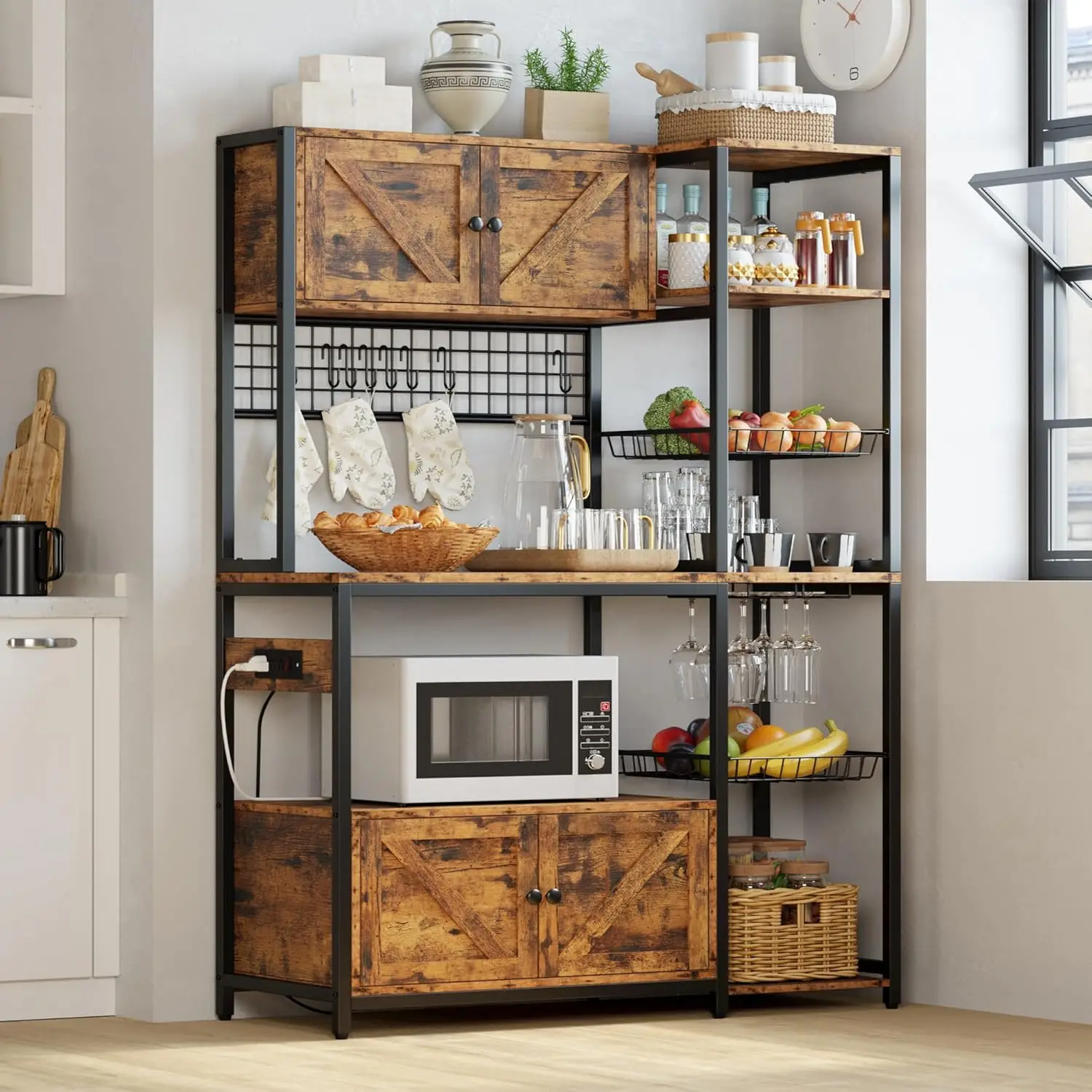 

Bakers Ra With 2 Storage Cabinets And Power Outlet, 45.3 H Industrial Coffee Bar Cabinet Shelves, Kitchen Microwave Stand With