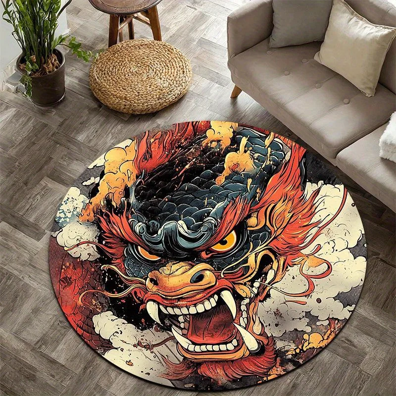 Eastern mythological creatures Flannel-printed round floor mats are slip-resistant Suitable living room terrace garden carpets
