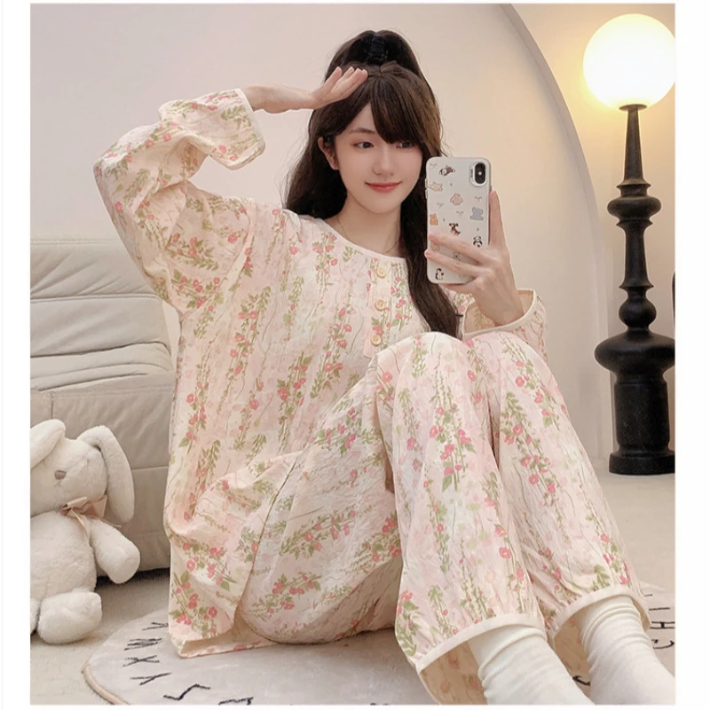 150KG Extra Large Size Women\'s Sweet Pajama Set Cartoon Long Sleeve Comfort Top Long Pants Suit Bubble Crinkled Cloth Homewear