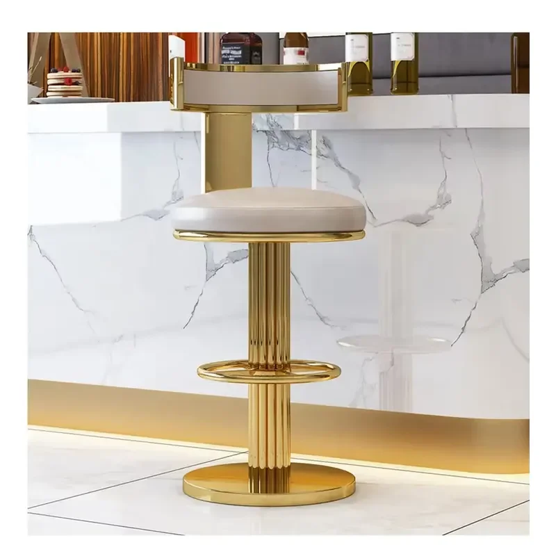 Nordic Modern Light Luxury Stainless Steel High Bar Stool with Leather Seat and Gold Metal Base Contemporary Design for Home