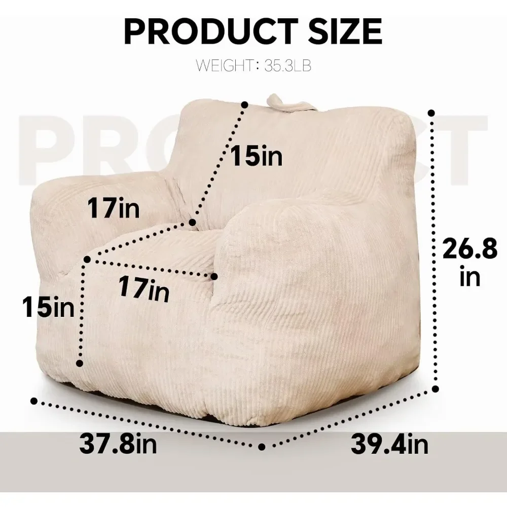 Bean Bag Chair Bean Bag Couch with Armrest Fluffy with Filler High-Density Foam Comfy Chair Lazy Sofa Beige Large