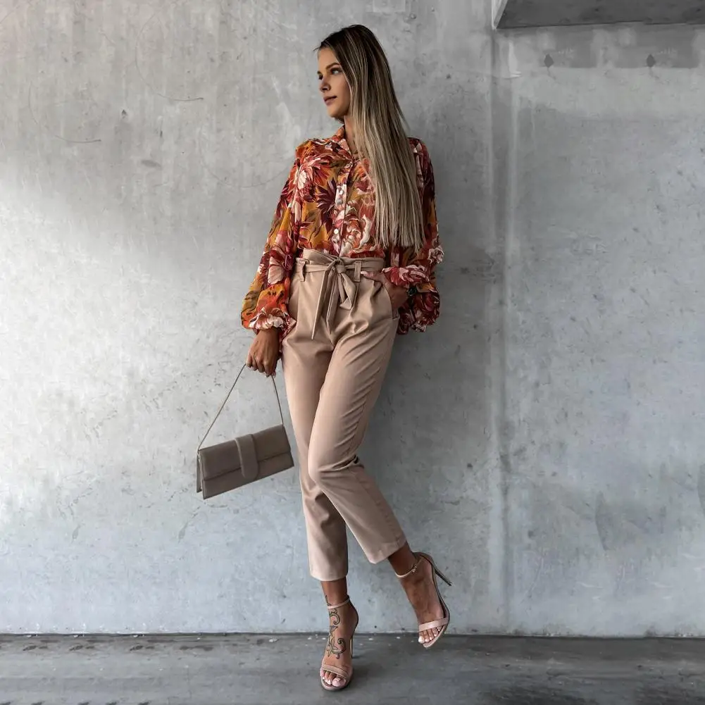 

Women Solid Color Pants Elegant Lace-up High Waist Leather Pants for Women Stylish Straight Fit Trousers Solid Color Long Pants