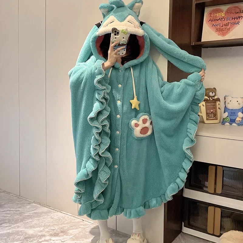 New Sweet Cute Hatsune Miku Anime Women Hooded Robe Cartoon Thickened Plush Shawl Cape Pajamas Winter Warm Comfortable Homewear