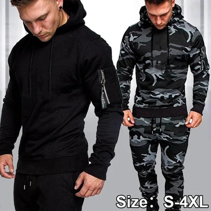 Sudadera con capucha y pantalones de camuflaje para hombre, conjunto de 2 piezas, chándal informal, ropa deportiva