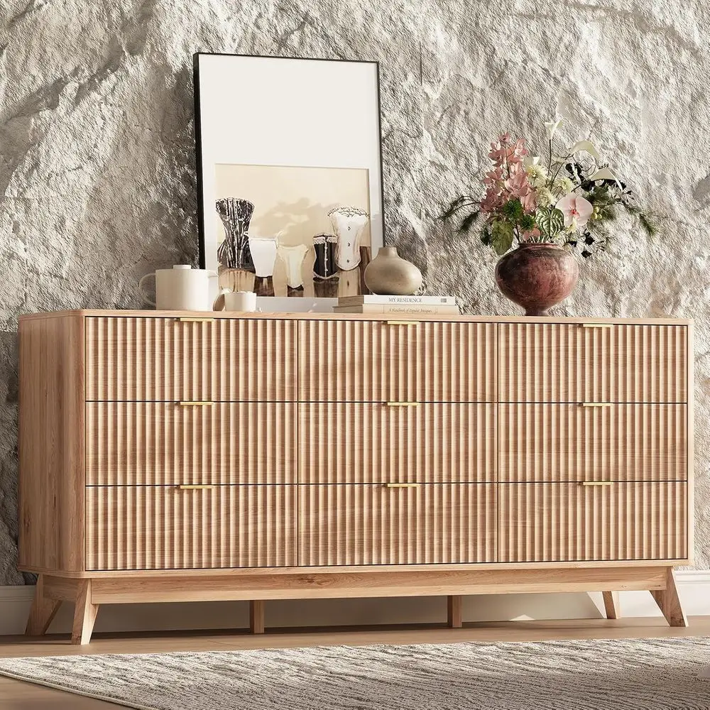 63 Wide 9 Drawer Dresser for Bedroom or Living Room, Rounded Handles, Natural Wood Finish