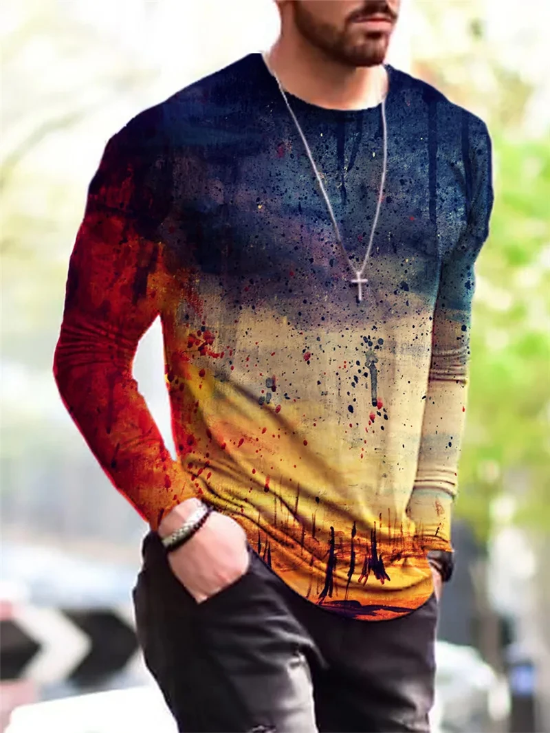 Fashion 3D multicolor patent leather printed T-shirt trend new street breathable Harajuku casual men\'s long sleeve round neck