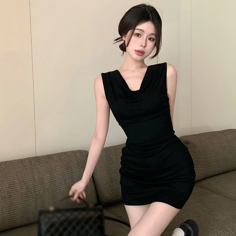 Women\'s Swing Neck Sleeveless Vest Dress Summer Knee Hip Dress Short Solid Color Slim Dresses