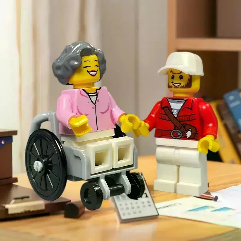 Conjunto de blocos de construção de 2 peças para crianças, brinquedos moc de carrinho de mão para cadeira de rodas, tijolos educacionais, itens para presente de figura de auxílio à mobilidade