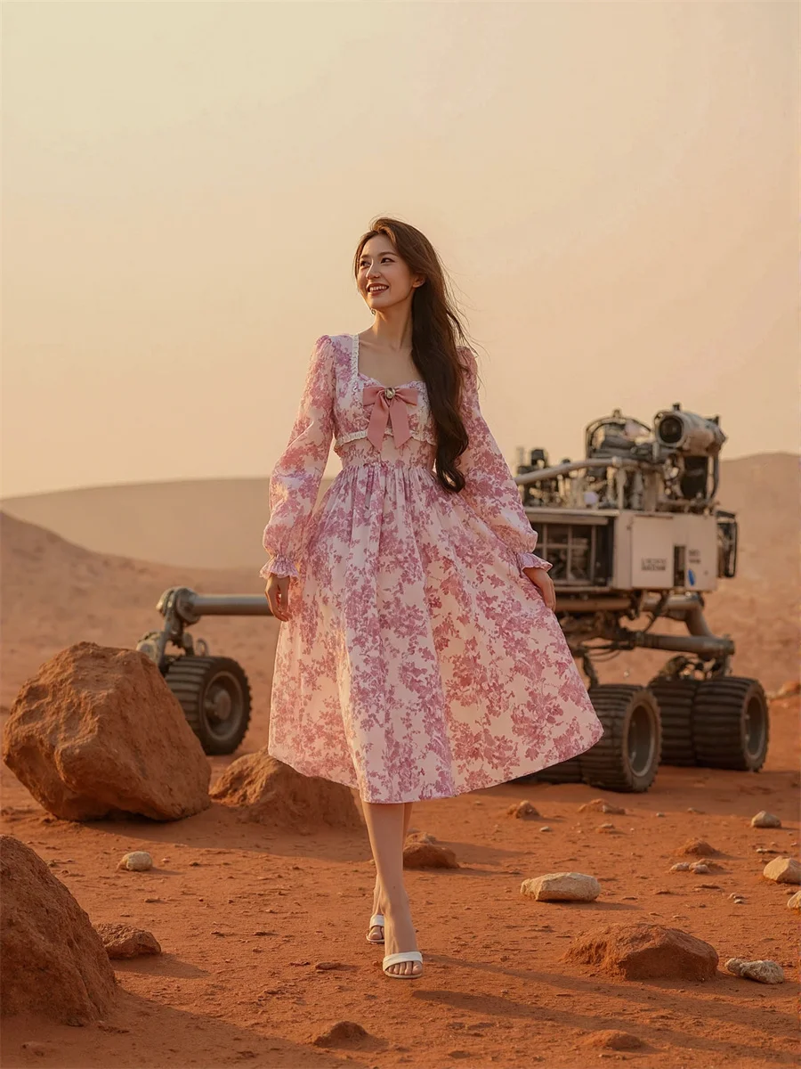 Robe rose femme mi-mollet ample douce Cottagecore Fairycore esthétique esthétique littéraire Boho bohème Vintage rétro