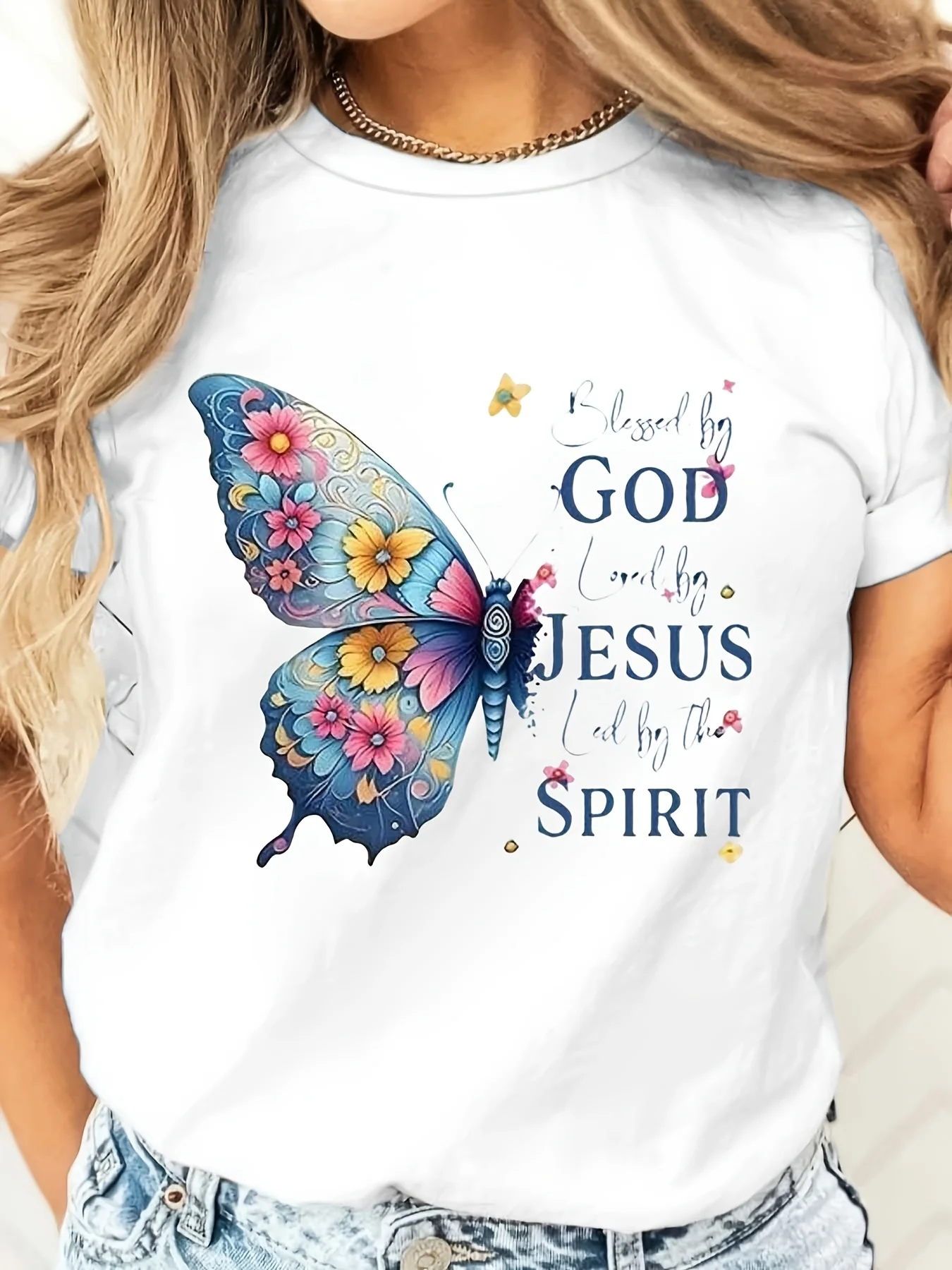 Floral Butterfly Blessed By God Loved By Jesus Led By The Spirit Print, T-Shirt, Christian Religious Faith Apparel, Church Wo