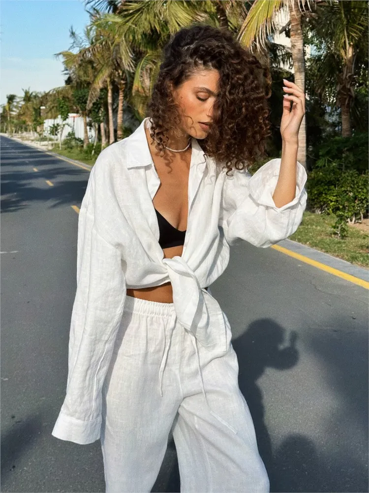 

Summer Simple Linen Women Suits Fashion Loose Long Sleeve Blouse & Wide Leg Pants Two Piece Set For Women Casual Outfit