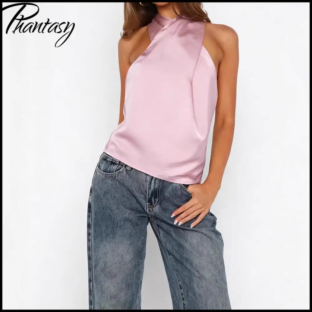 Phantasy Elegant Silky Satin Halter Tank Top Women Back Bow Tie Backless Cut Out Sleeveless Wrap Blouse Party Evening Camisole