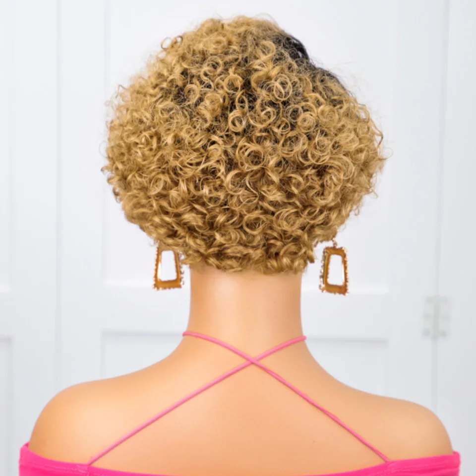 Peruka Pixie Cut Krótki Bob Kręcone Włosy Naturalne Peruki z Włosów Ludzkich 13x1 Lace Front Transparentna Peruka z Koronką Deep Wave Preplucked Ombre Blond 1B/27