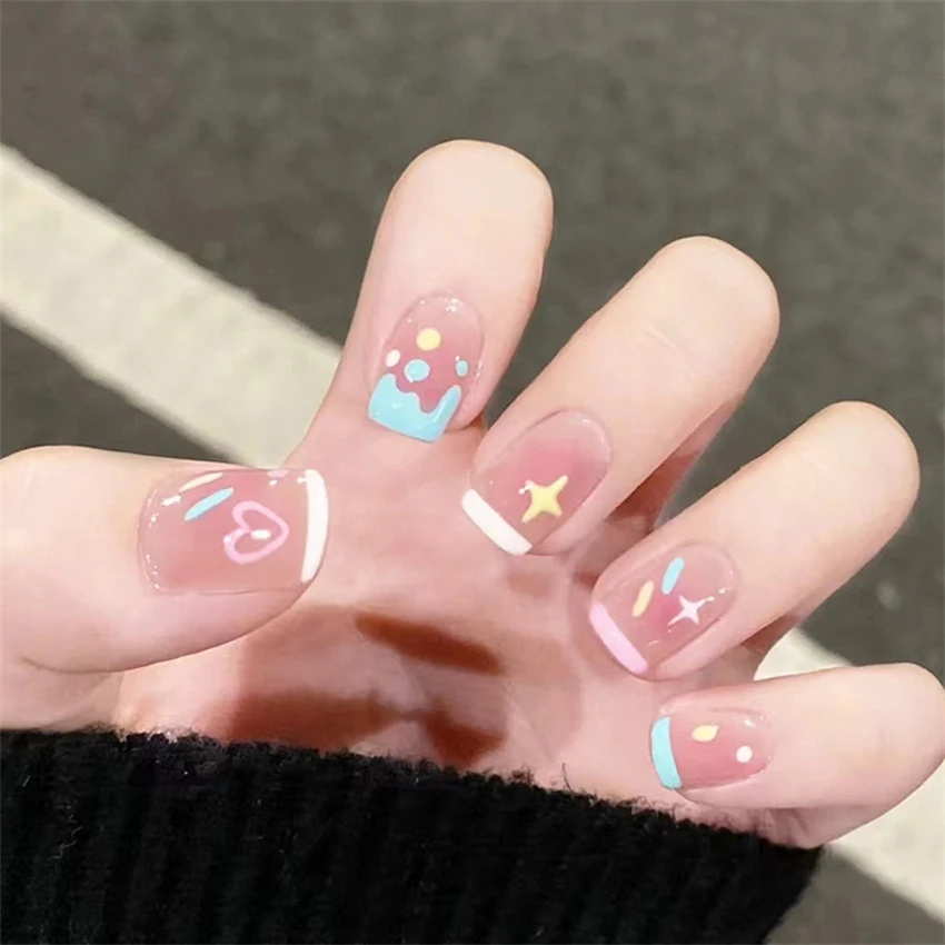24Pcs/Set Colorful Ballet Wearing Fake Nails Press on Cute Korean Style Stick on Nails Girls Reusable False Nails Art Decoration