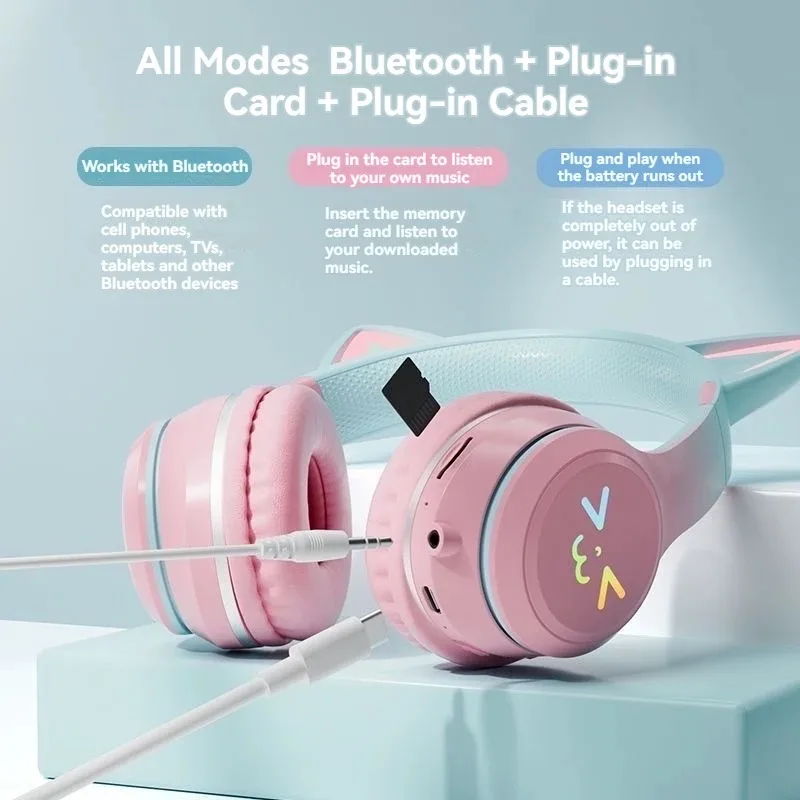 หูฟังไร้สาย RGB Glow รุ่น 5.3 หูฟังบลูทูธแบบคล้องหูรูปหูแมว สำหรับเล่นกีฬา เล่นเพลง MP3 พร้อมไมโครโฟน ลดราคา หูฟังสำหรับเล่นเกม