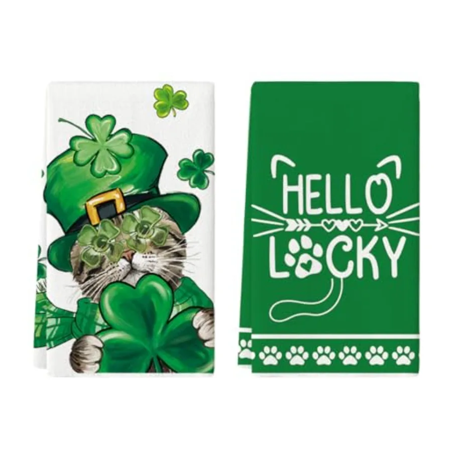 

Cat Shamrock St. Patrick's Day Kitchen Towels Dish Towels 18x26 Ih Hello Lucky Seasol Spring Decoration Hand Towels Set of 2