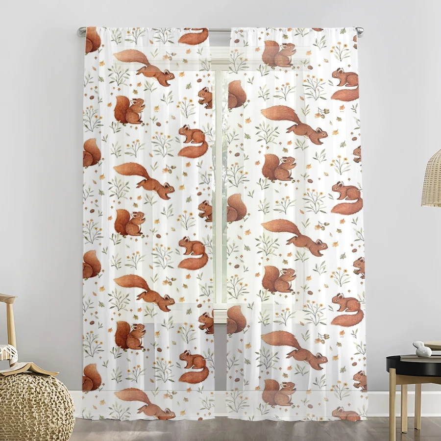 2枚セットの秋柄カーテン、茶色のリスと花のプリント、寝室やリ - Curtain Rods のレビューと価格