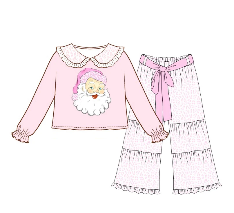 New Ropa Winter Long Sleeve Round Neck Christmas Dress Santa And Tree Pattern Girl Top T-shit And Pink Pants Romper Clothes Set