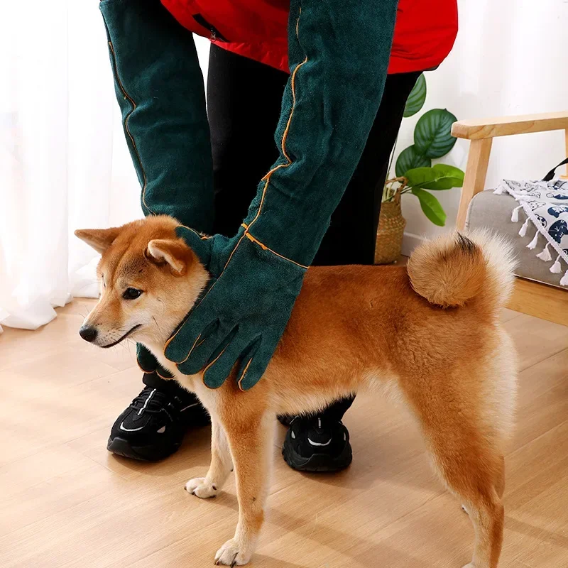 Long Thick Green Leather Anti-Bite Gloves Anti-Scratch Safety Handling Protection Gloves for Dogs Cats Reptiles