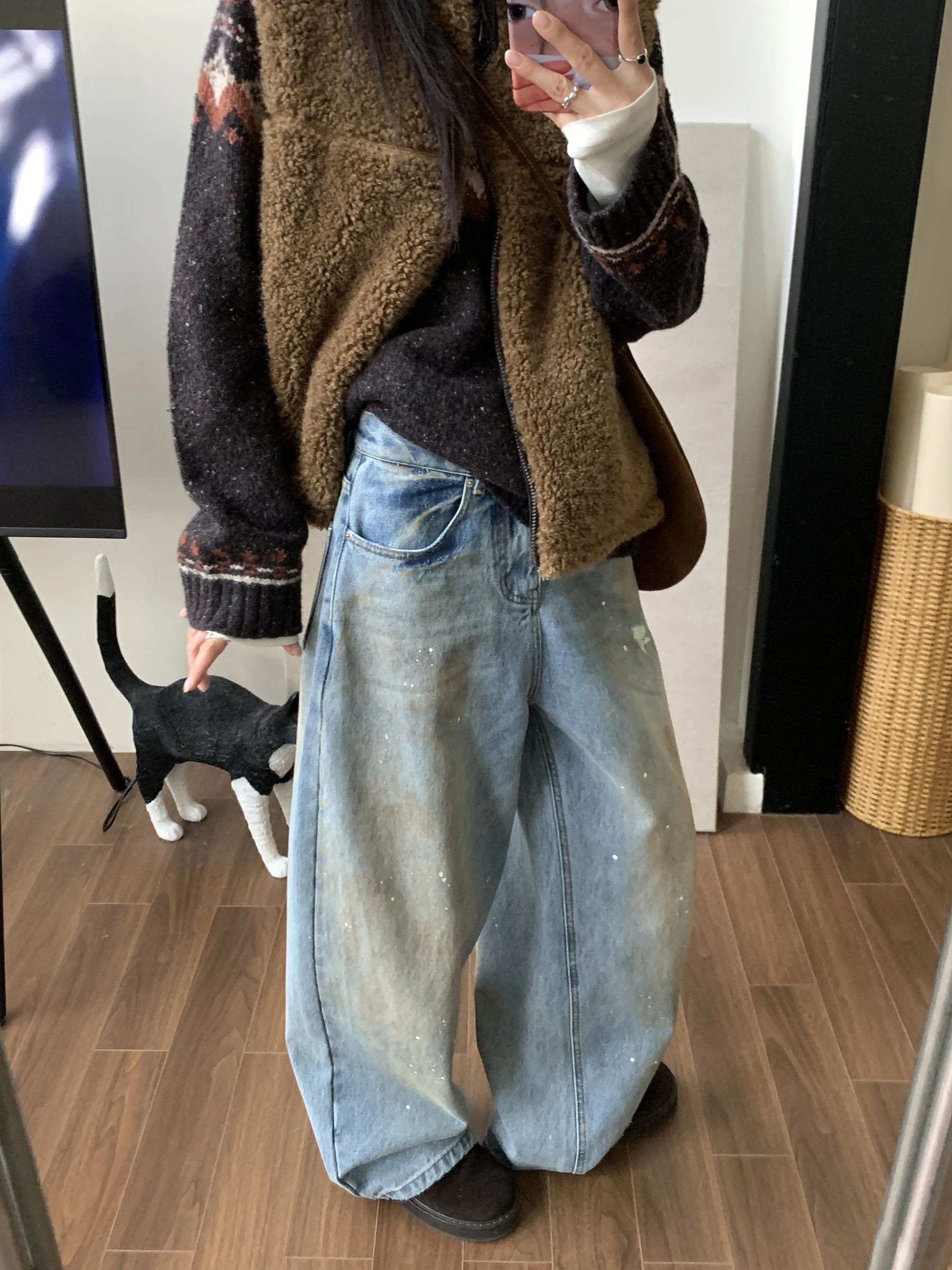 

Джинсы женские NIZONDAYS повседневные свободного кроя, с высокой талией, прямые, удлиненные, с эффектом потертости, осенне-зимние, из хлопкового денима