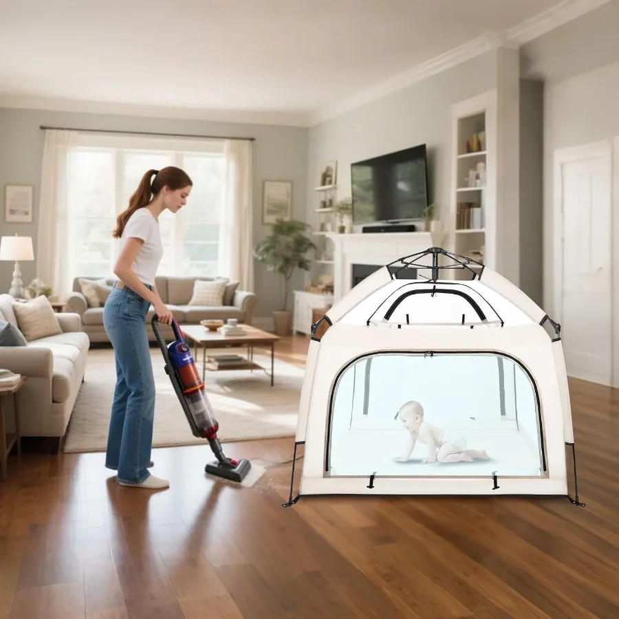 Portable Baby Playpen with Canopy Infant Play Yard Beach Tent Mosquito Net for Indoor and Outdoor Beige