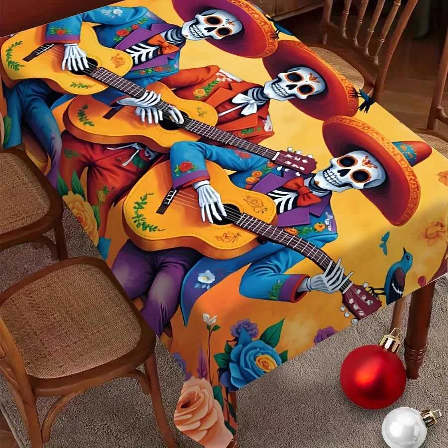JIT - A rectangular tablecloth featuring a design of three skeletons holding guitars - 100% polyester.xzj
