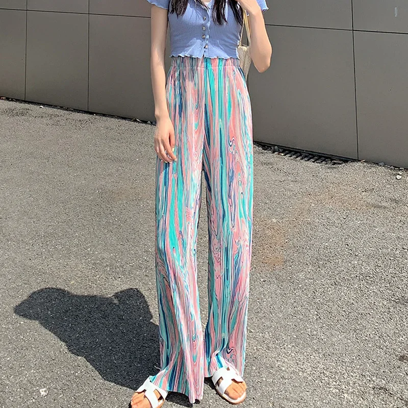 Female Summer Tie Dye Casual Drape Wide-leg Pants Leopard Print Soft Cool Touch Pleated Long Trousers