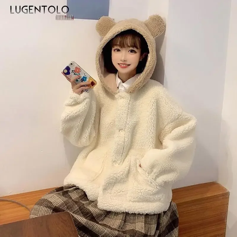 Plush Coat Women Cute Bear Ears Autumn Winter Fashion Hooded Loose Jacket Solid Korean New Pockets Sweet Girls Coats