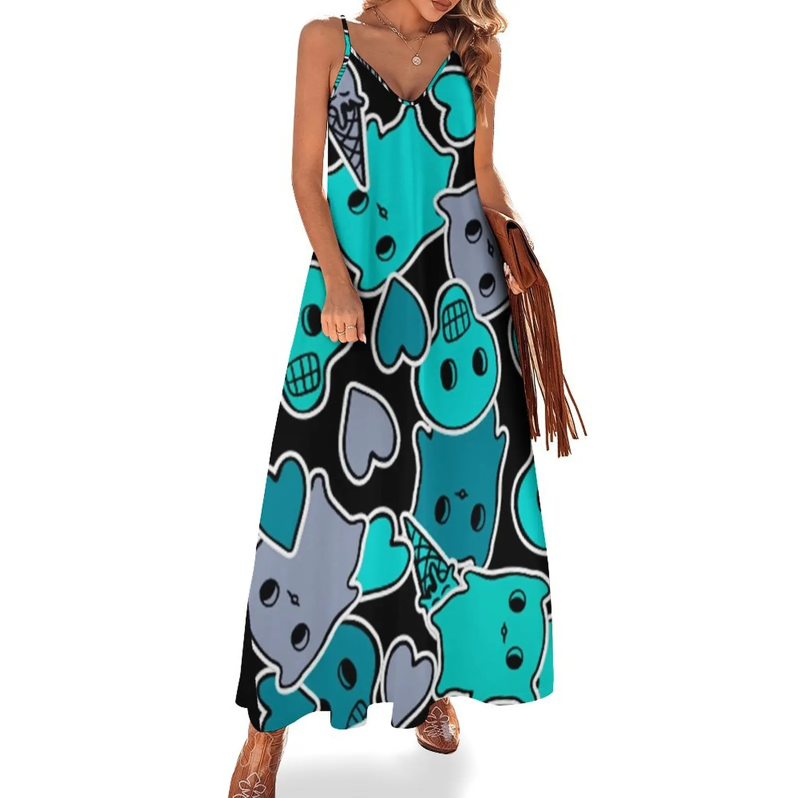 

Cute Teal Halloween Pattern Sleeveless Dress beach outfits for women evening dresses women