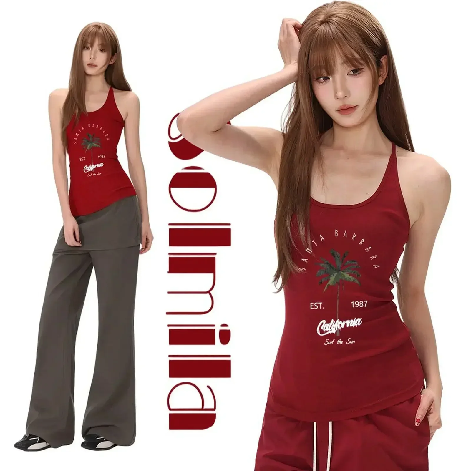 

Бордовый топ для отдыха Бордовая хлопковая ткань с принтом кокосовой пальмы и спандекса для повседневного ношения для домашнего использования с круглым вырезом